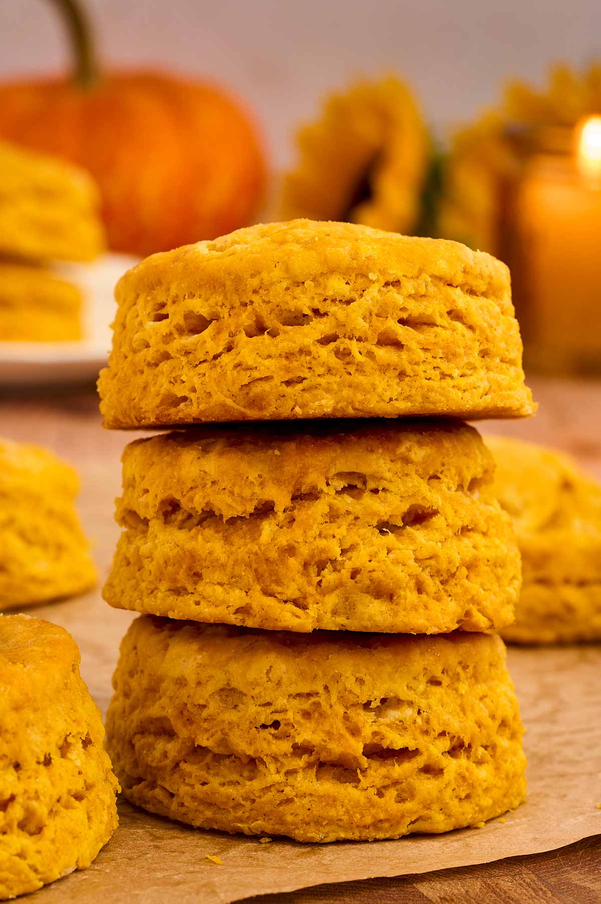 A stack of the flakiest pumpkin biscuits.