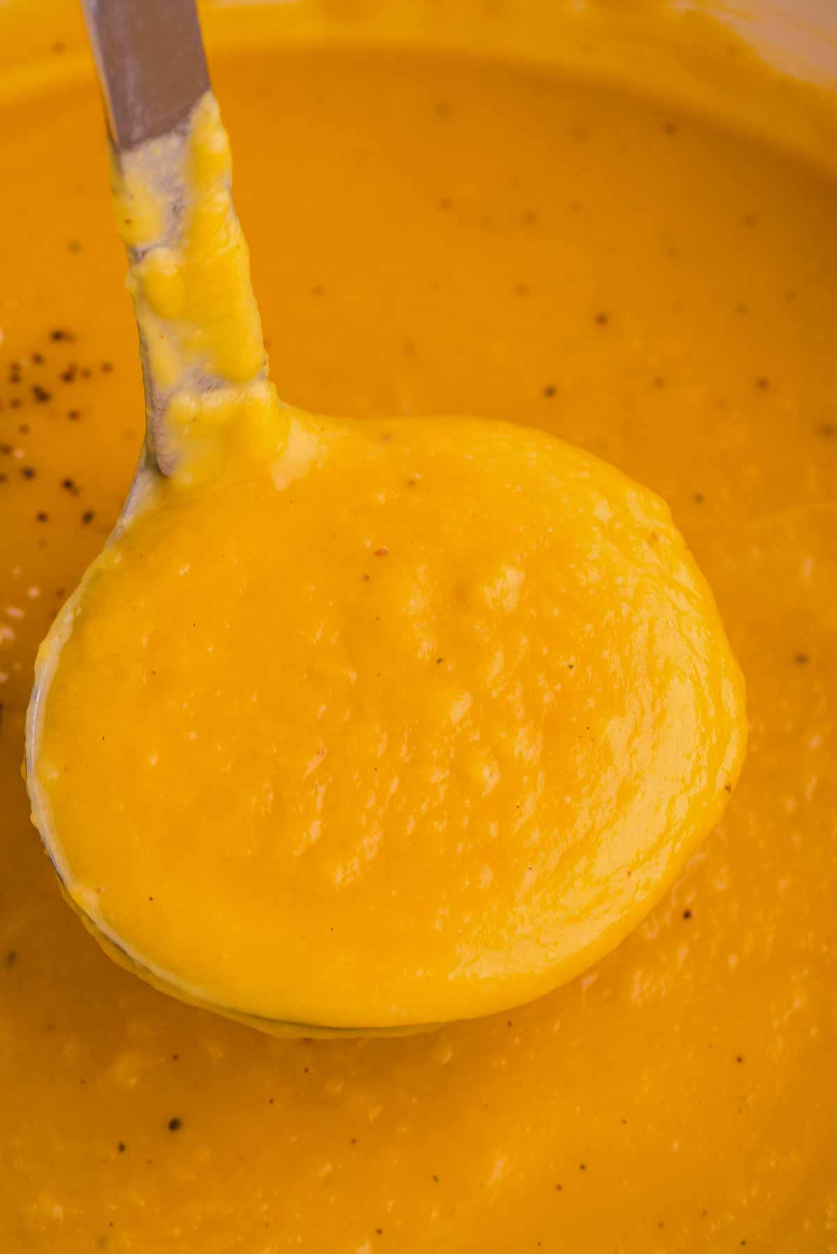 Ladling butternut squash soup.