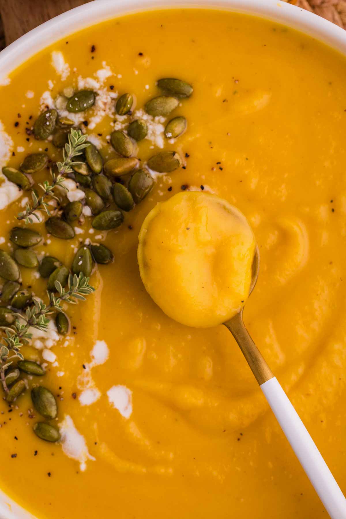 A spoonful of butternut squash soup.