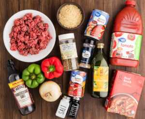 Groceries for stuffed pepper soup.