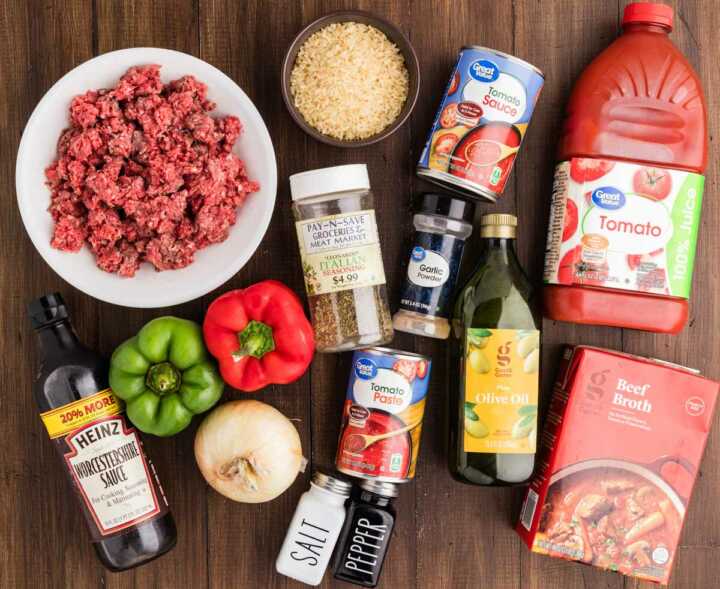 Groceries for stuffed pepper soup.