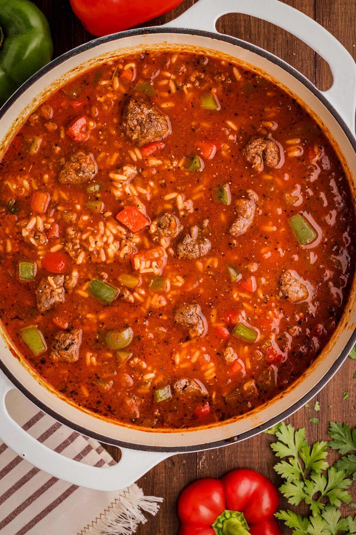 A pot of stuffed green pepper soup.