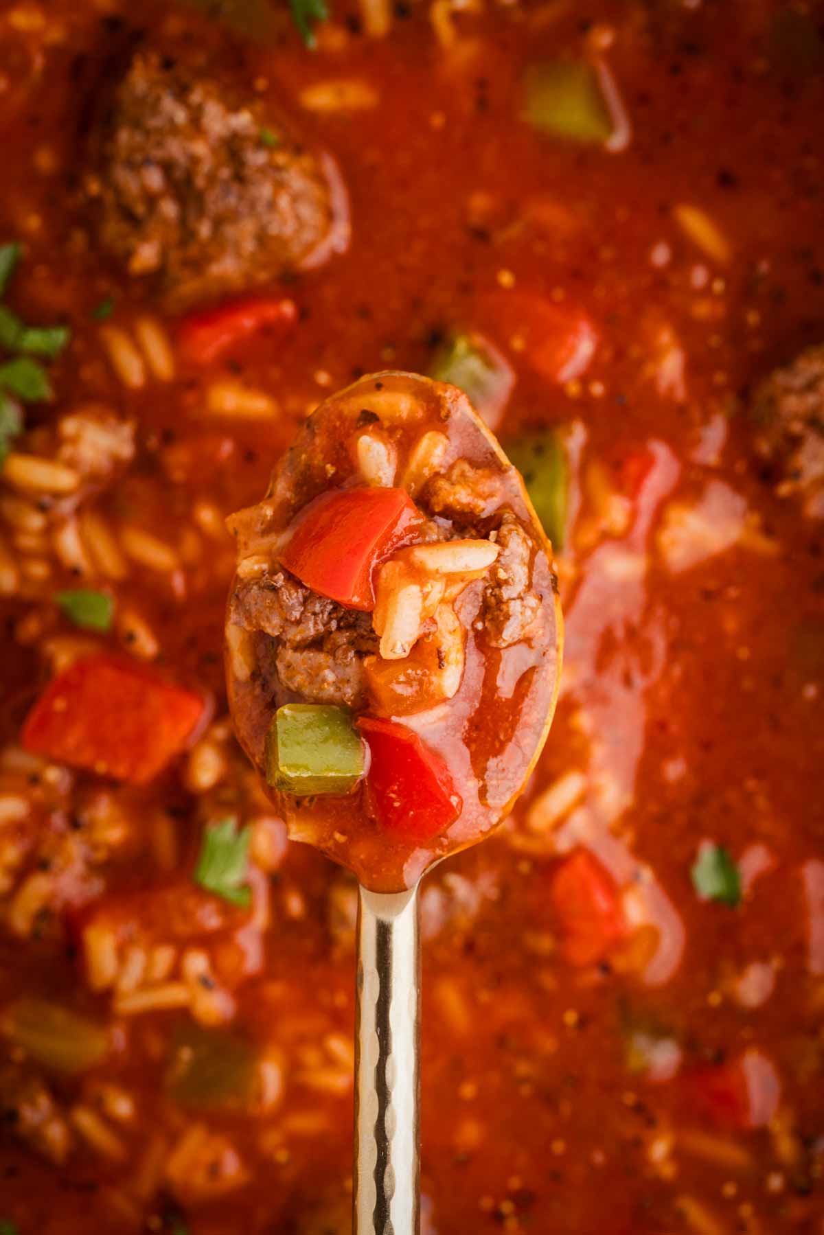 A spoonful of stuffed green pepper soup.