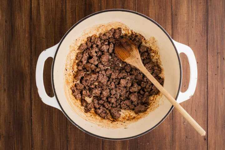 Browning ground beef.