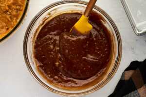 Mixing the shadow batter for twilight pumpkin bread.