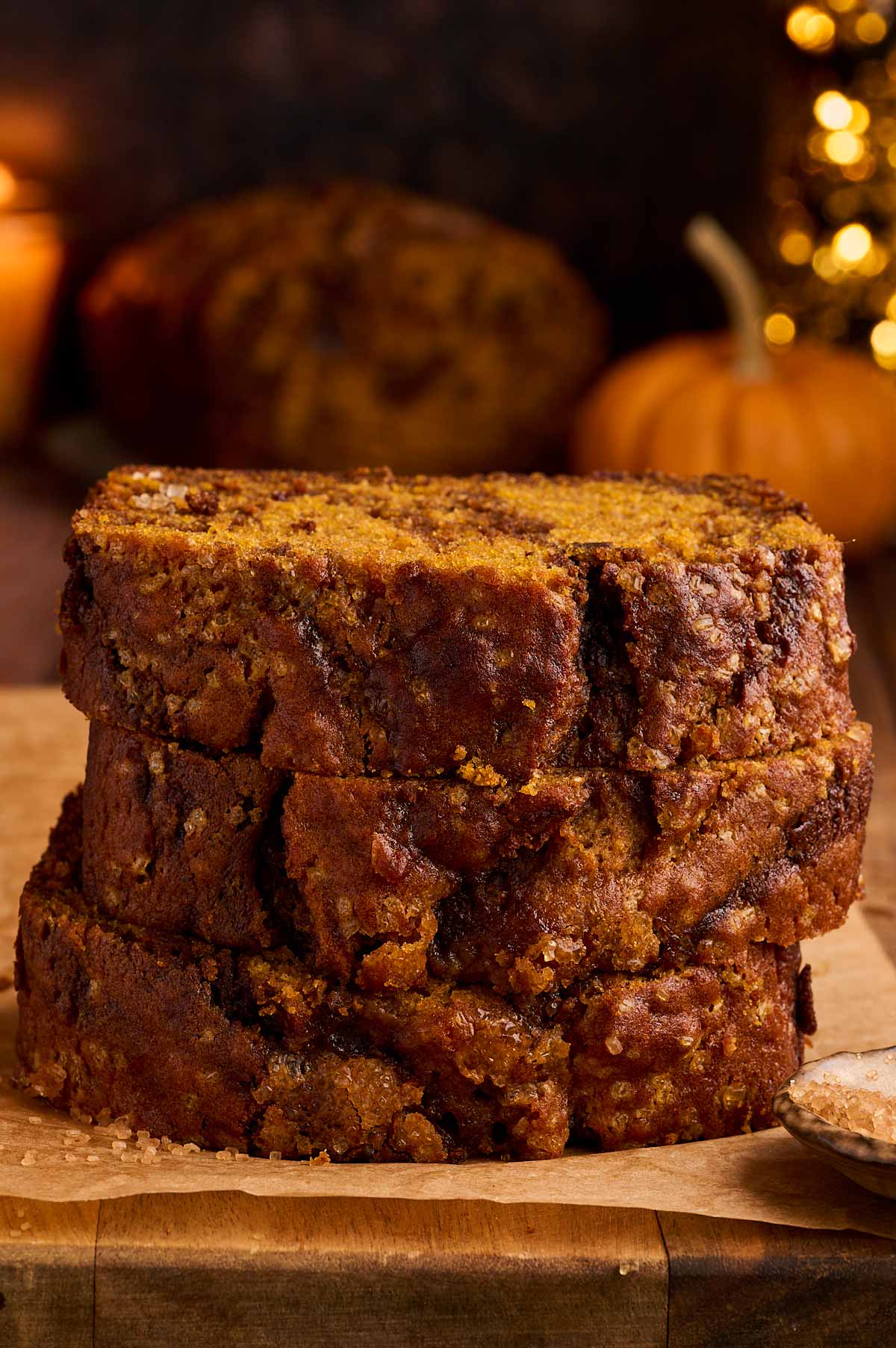 Thick slices are best when it comes to pumpkin bread!