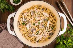 serving a pot of turkey tetrazzini