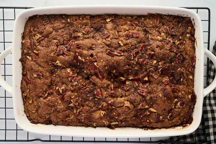 cooling a pecan coffee cake on a wire rack after baking