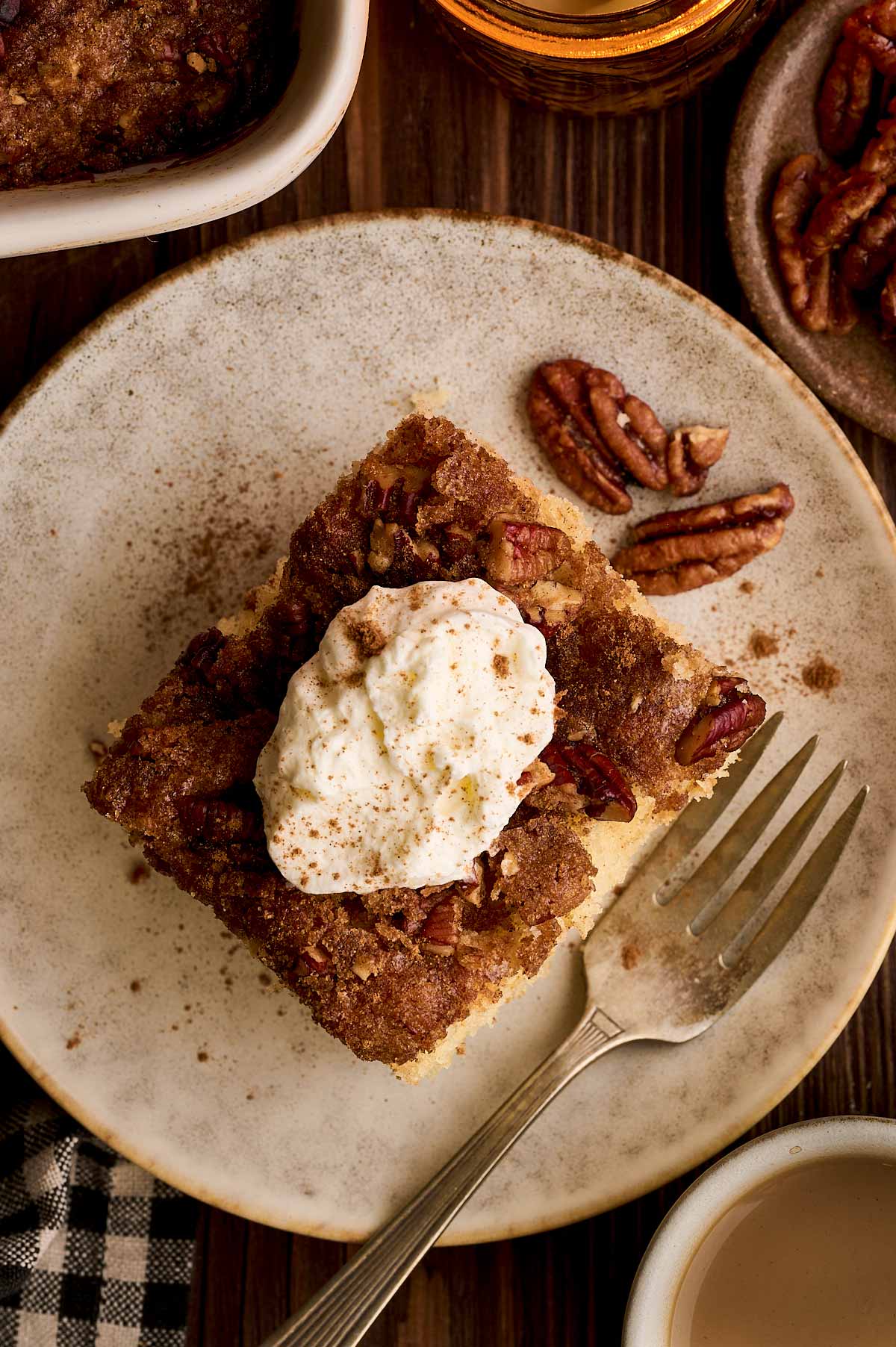 slice of cinnamon pecan coffee cake on a plate