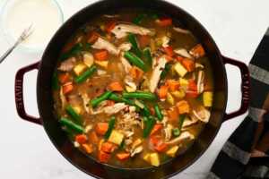 simmering stew made from thanksgiving leftovers