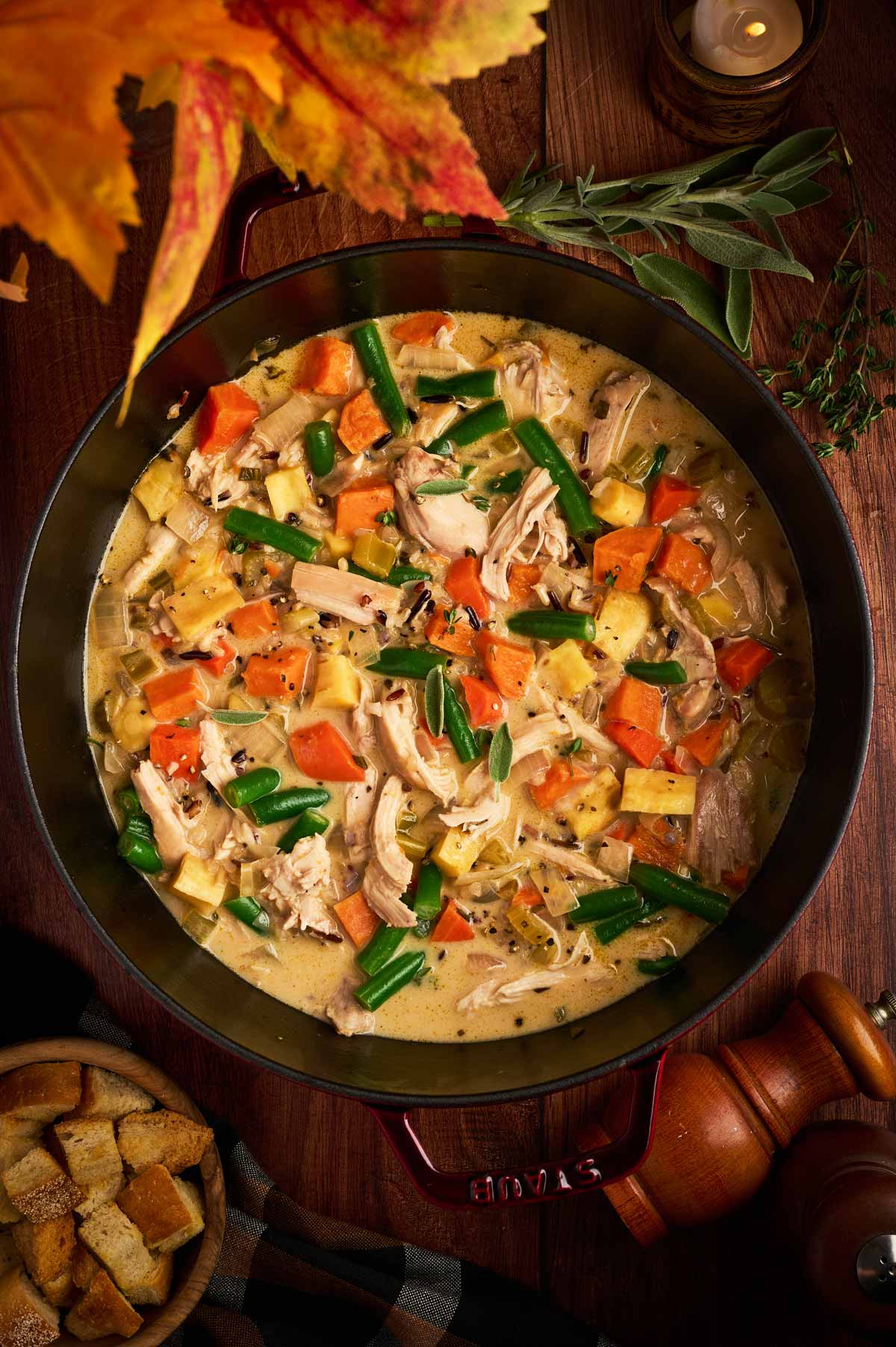 serving a pot of stew made with thanksgiving leftovers