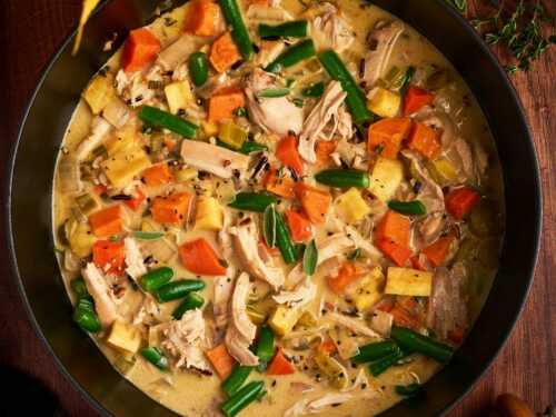 serving a pot of stew made with thanksgiving leftovers