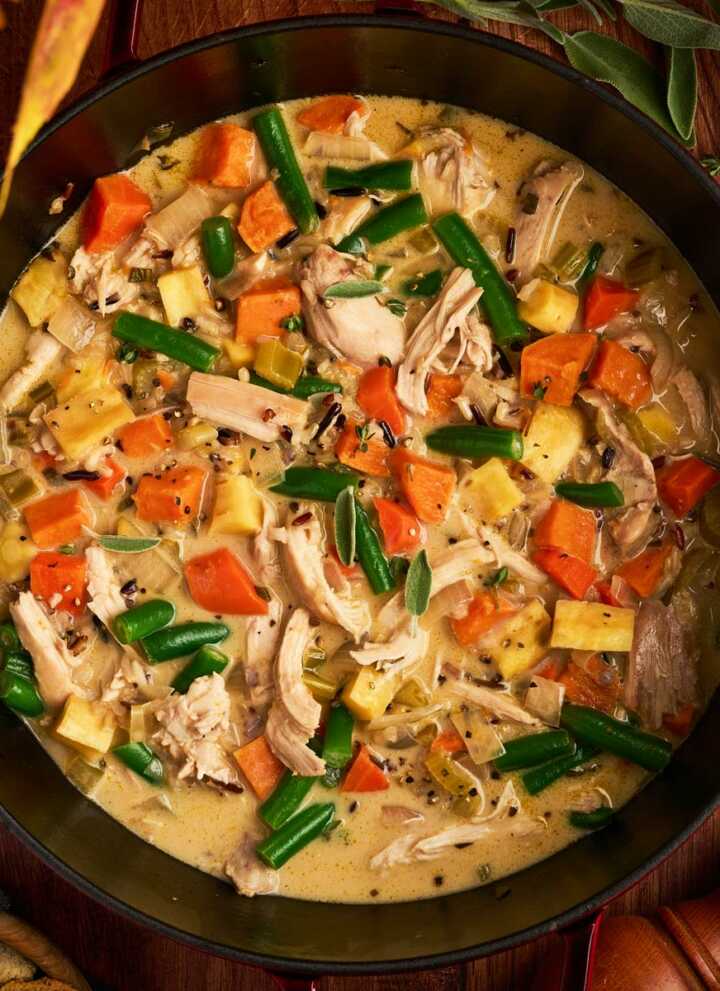 serving a pot of stew made with thanksgiving leftovers