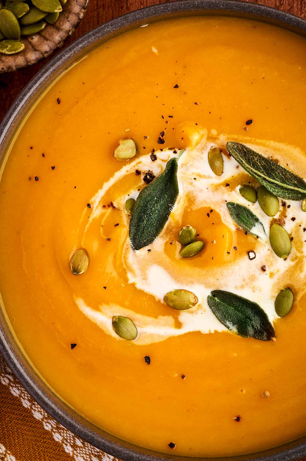 Creamy, blended pumpkin soup.