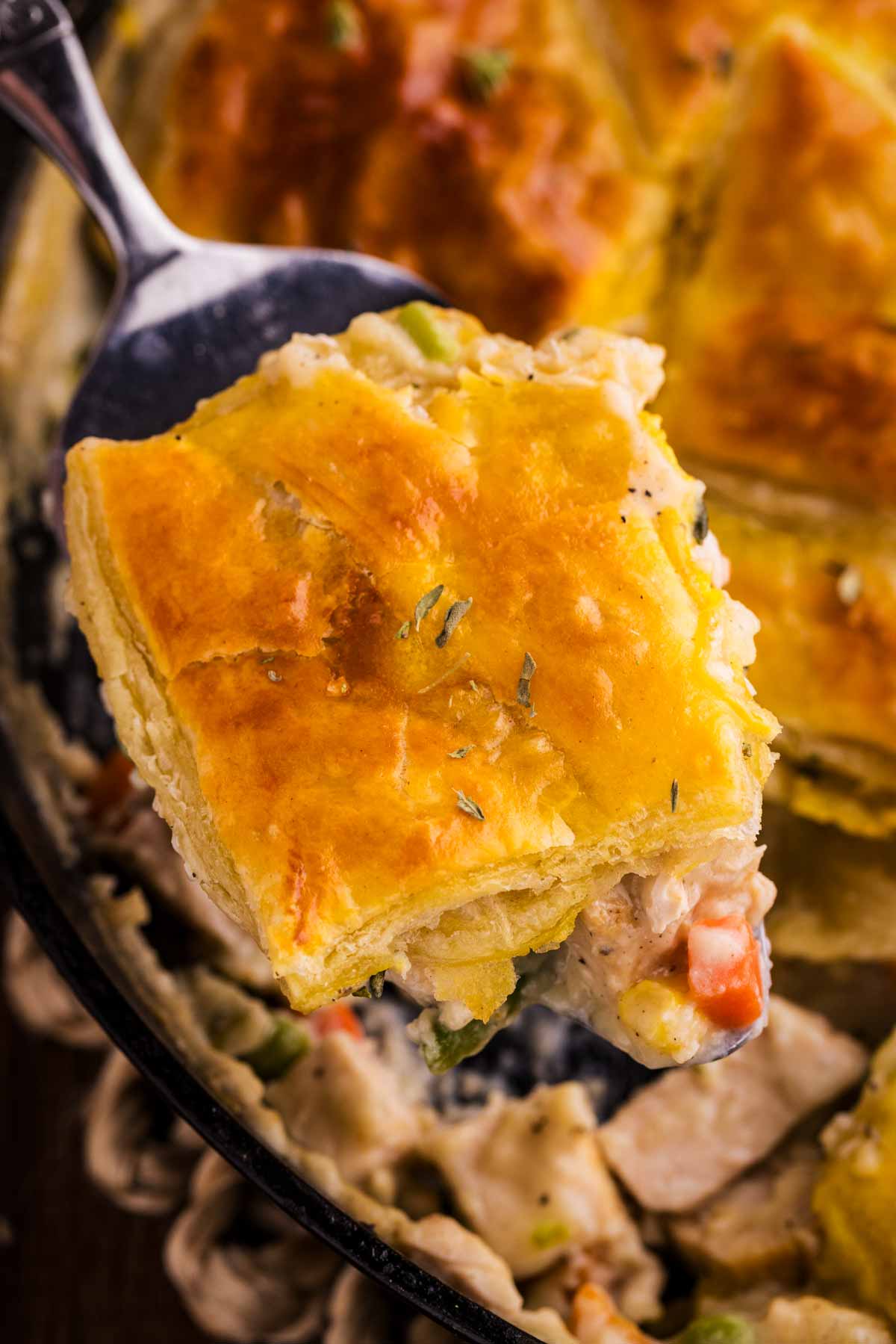 serving a slice of turkey pot pie