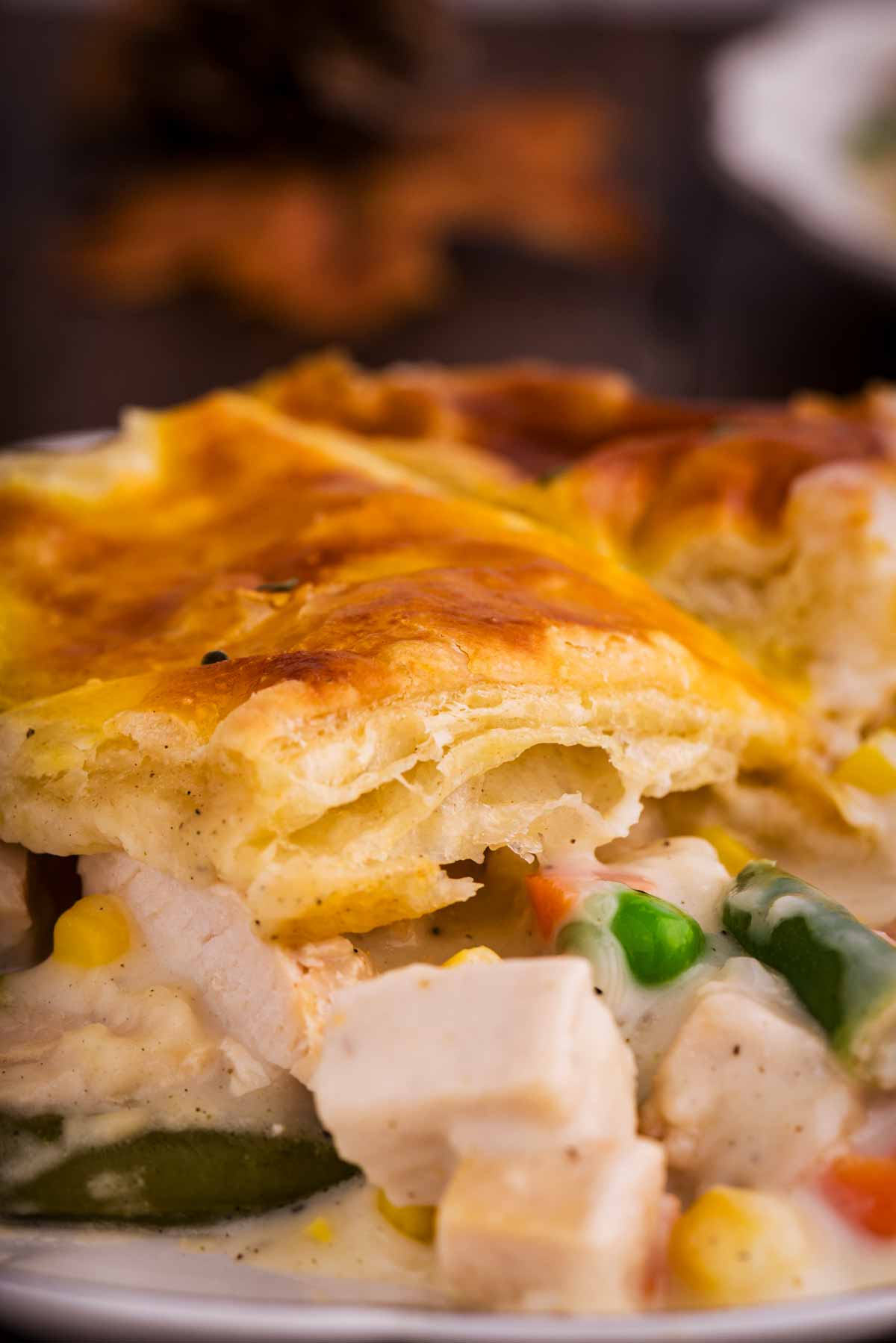 the puff pastry topping of this turkey pot pie is extra crispy and flaky!