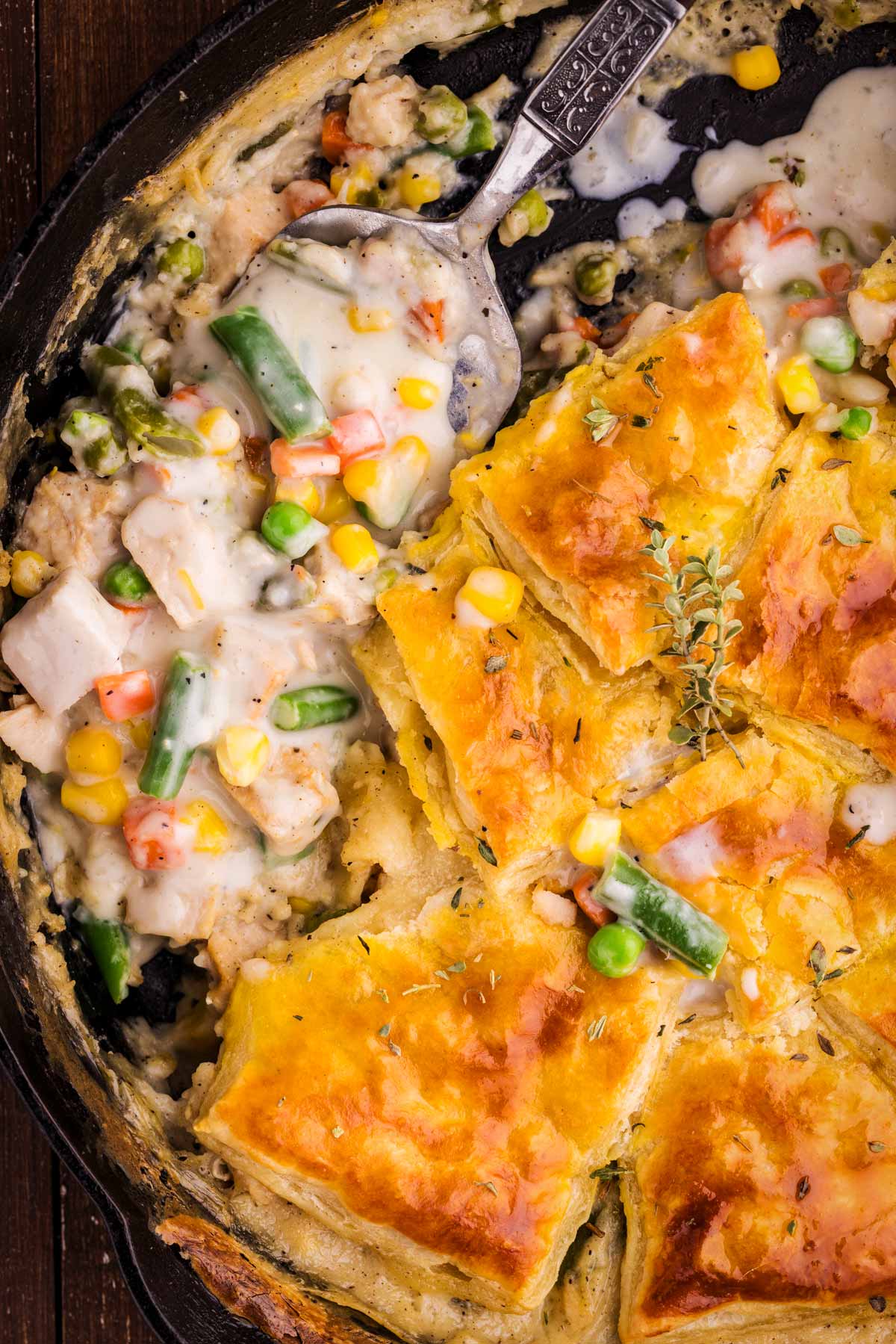 yummy turkey pot pie in a cast iron skillet