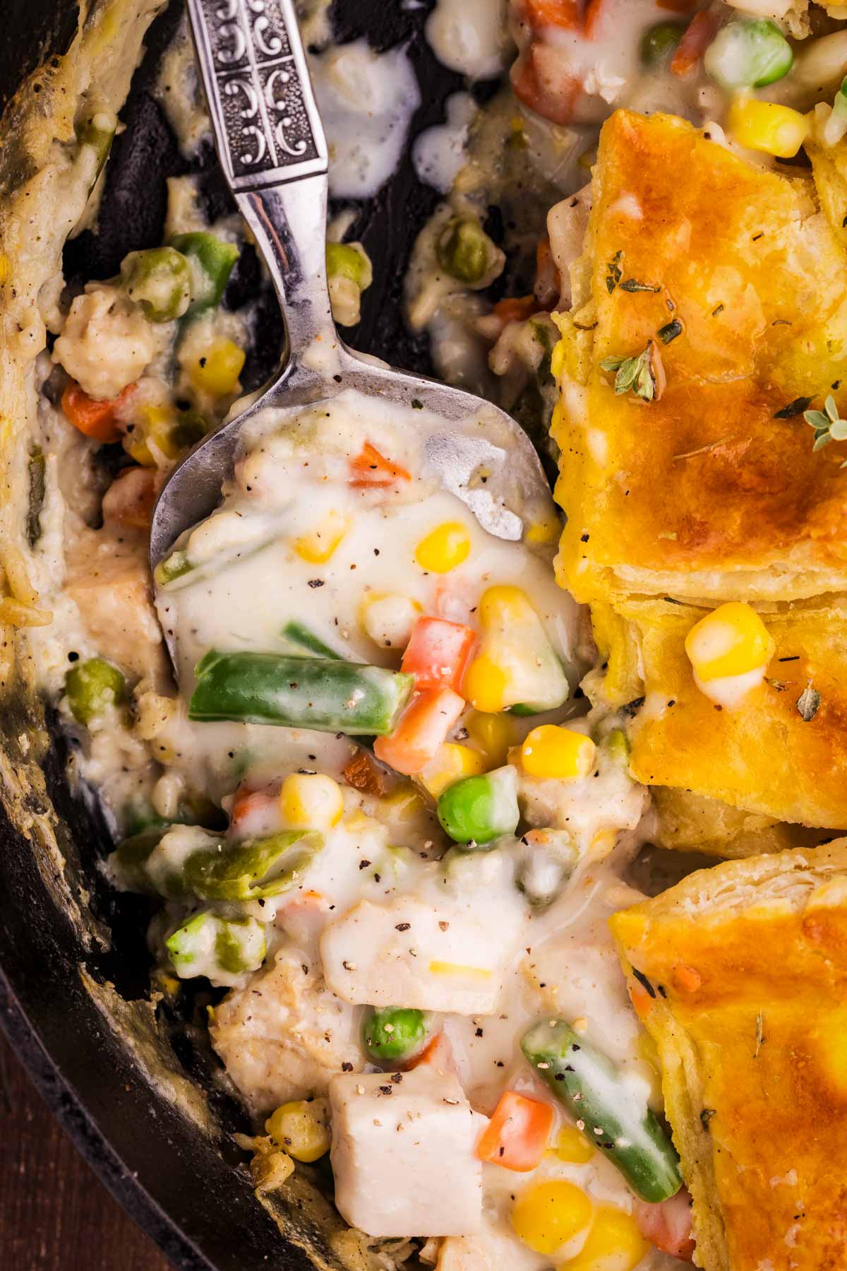 the filling of this turkey pot pie recipe is creamy and delicious