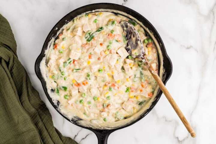 turkey pot pie filling ready in the skillet