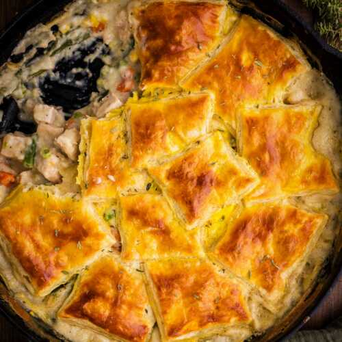 serving a pot pie made with leftover turkey