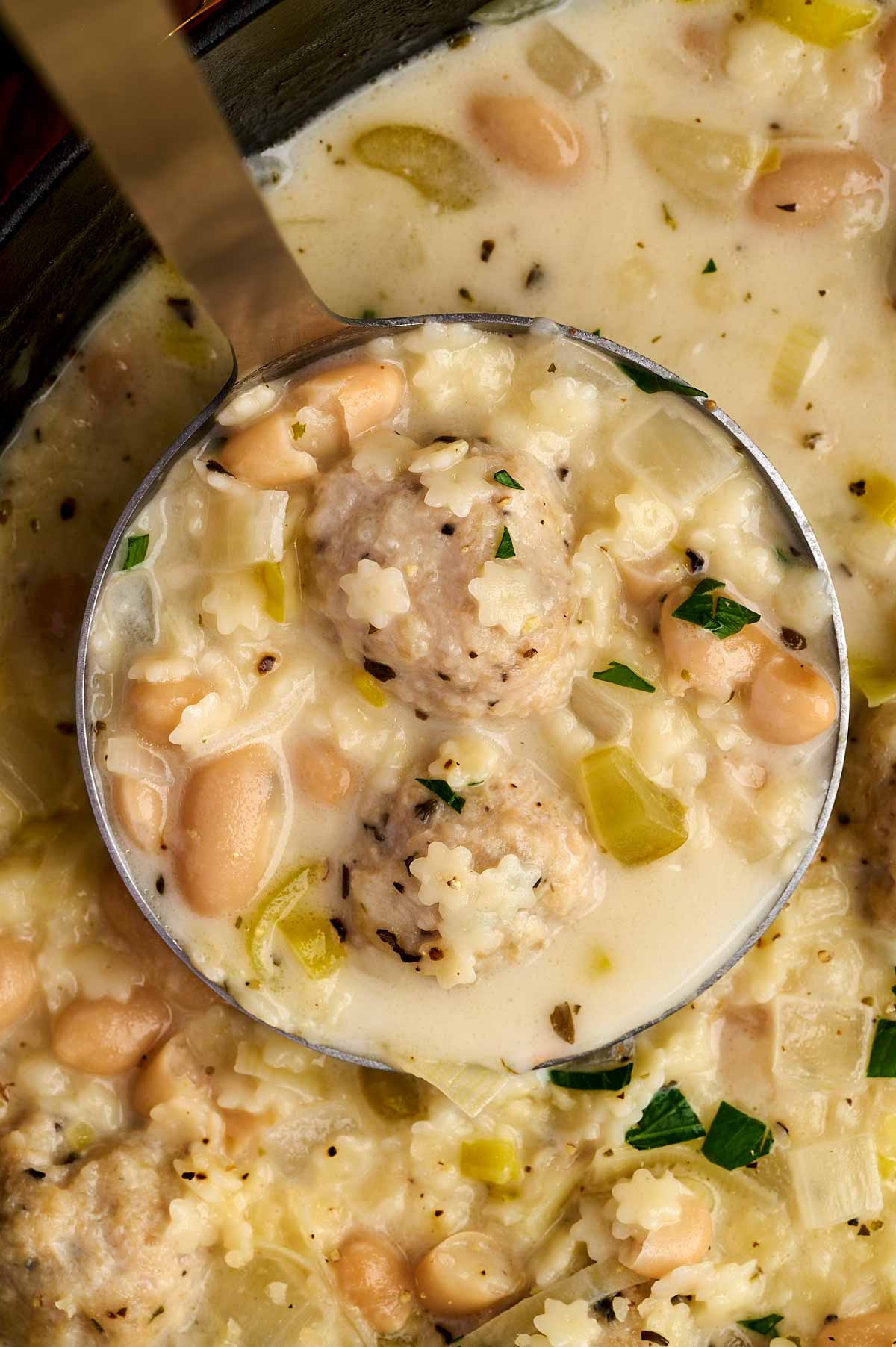 ladling chicken meatball soup