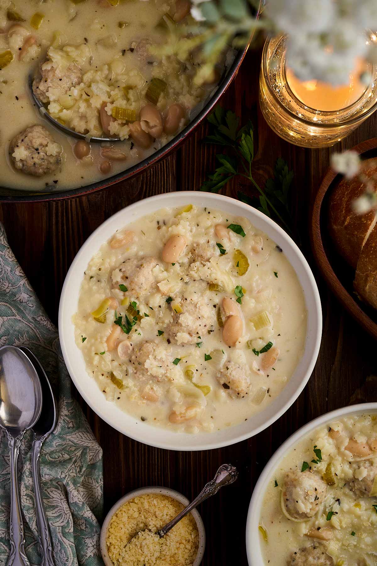 Cozy dinner of chicken meatball soup