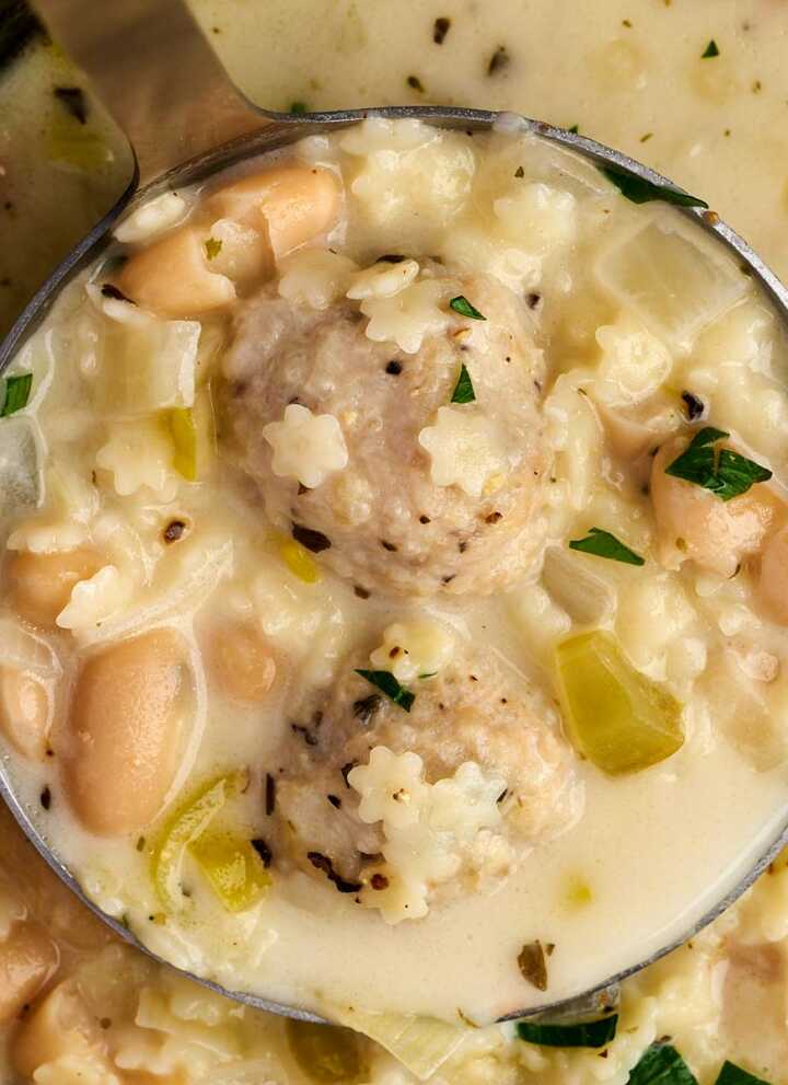 ladling chicken meatball soup