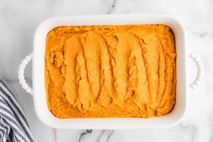 sweet potato casserole filling in baking dish