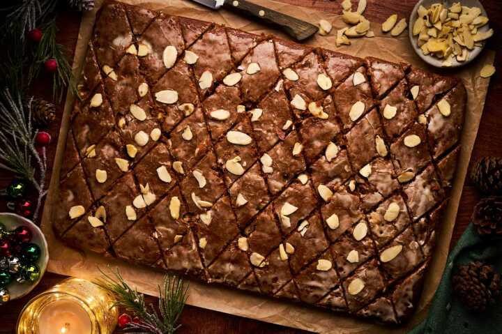 gingerbread pumpkin snack cake cut into diamonds