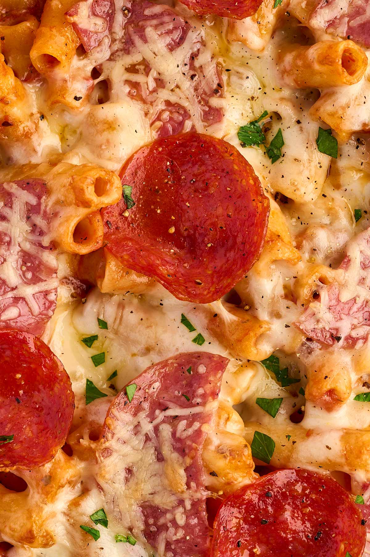 the pepperoni on this pizza baked ziti gets nice and crispy