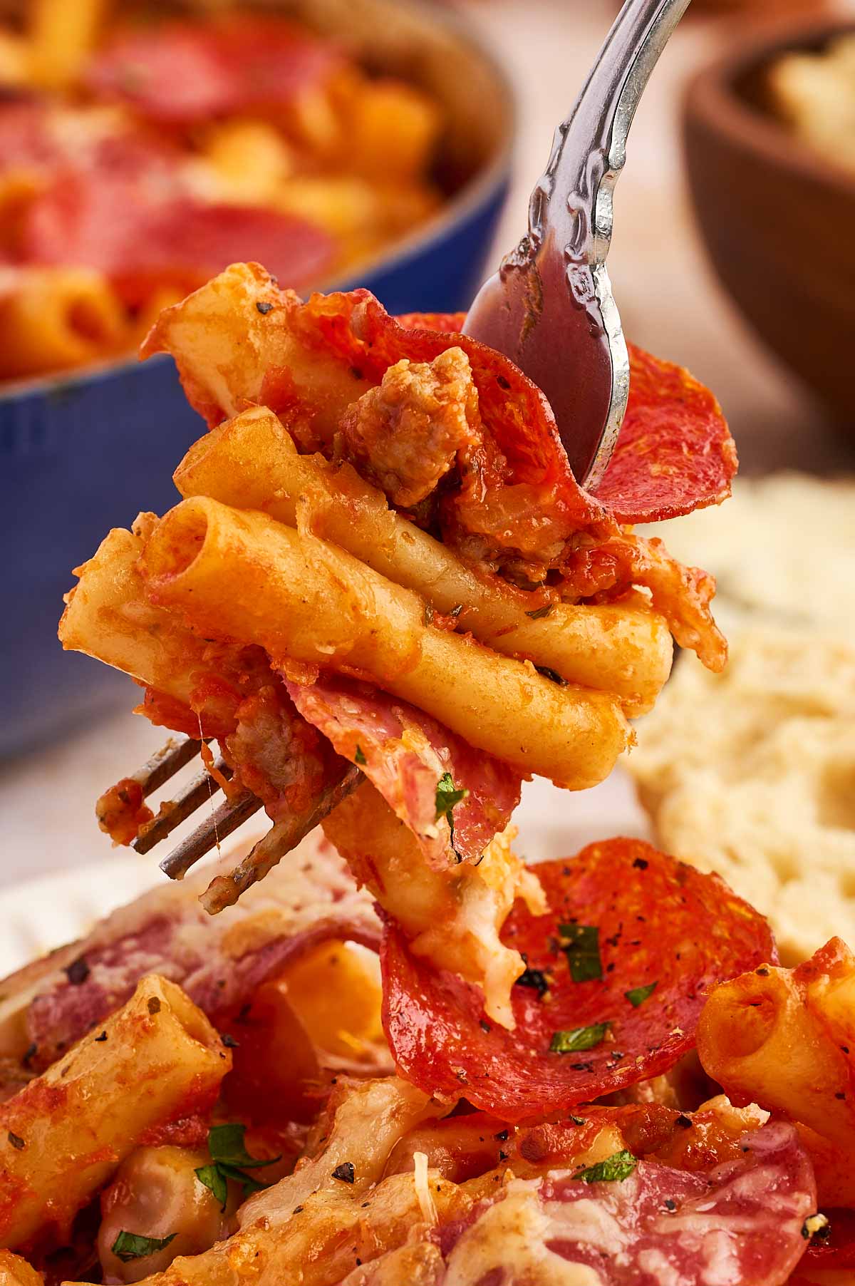 eating pizza baked ziti