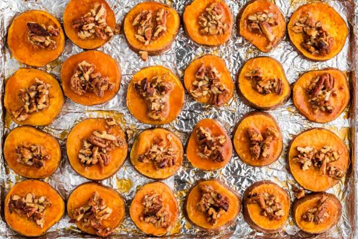 maple pecan roasted sweet potato slices fresh out of the oven