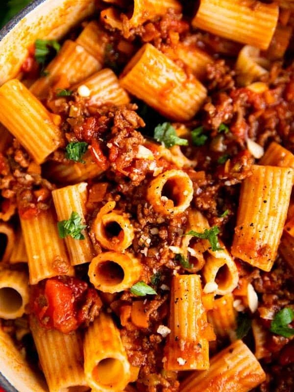 close up photo of rigatoni bolognese