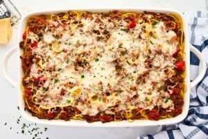 baked spaghetti casserole ready to be served