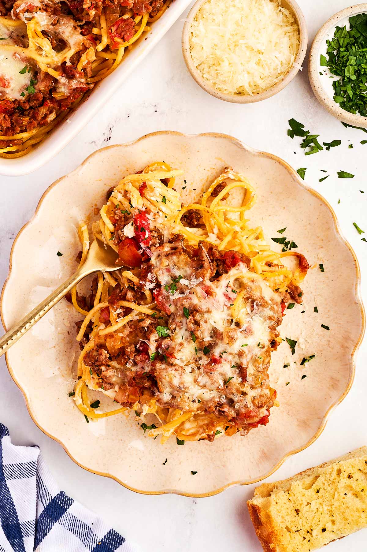 serving spaghetti casserole on a plate