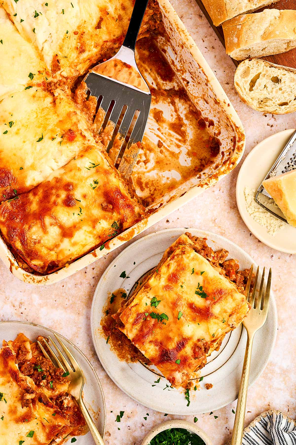 serving cheesy lasagna