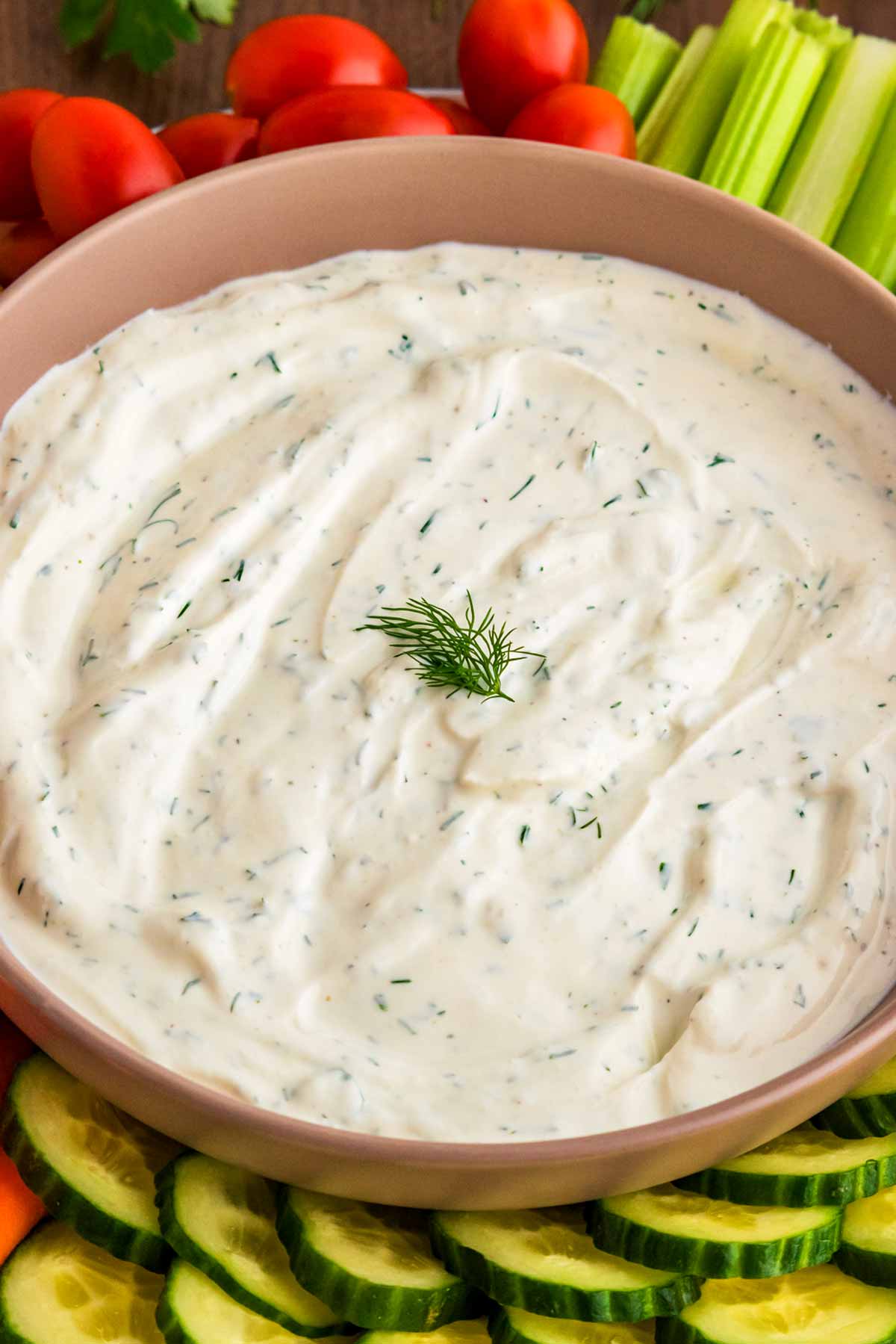 A bowl of creamy dill dip with vegetable sticks around it.
