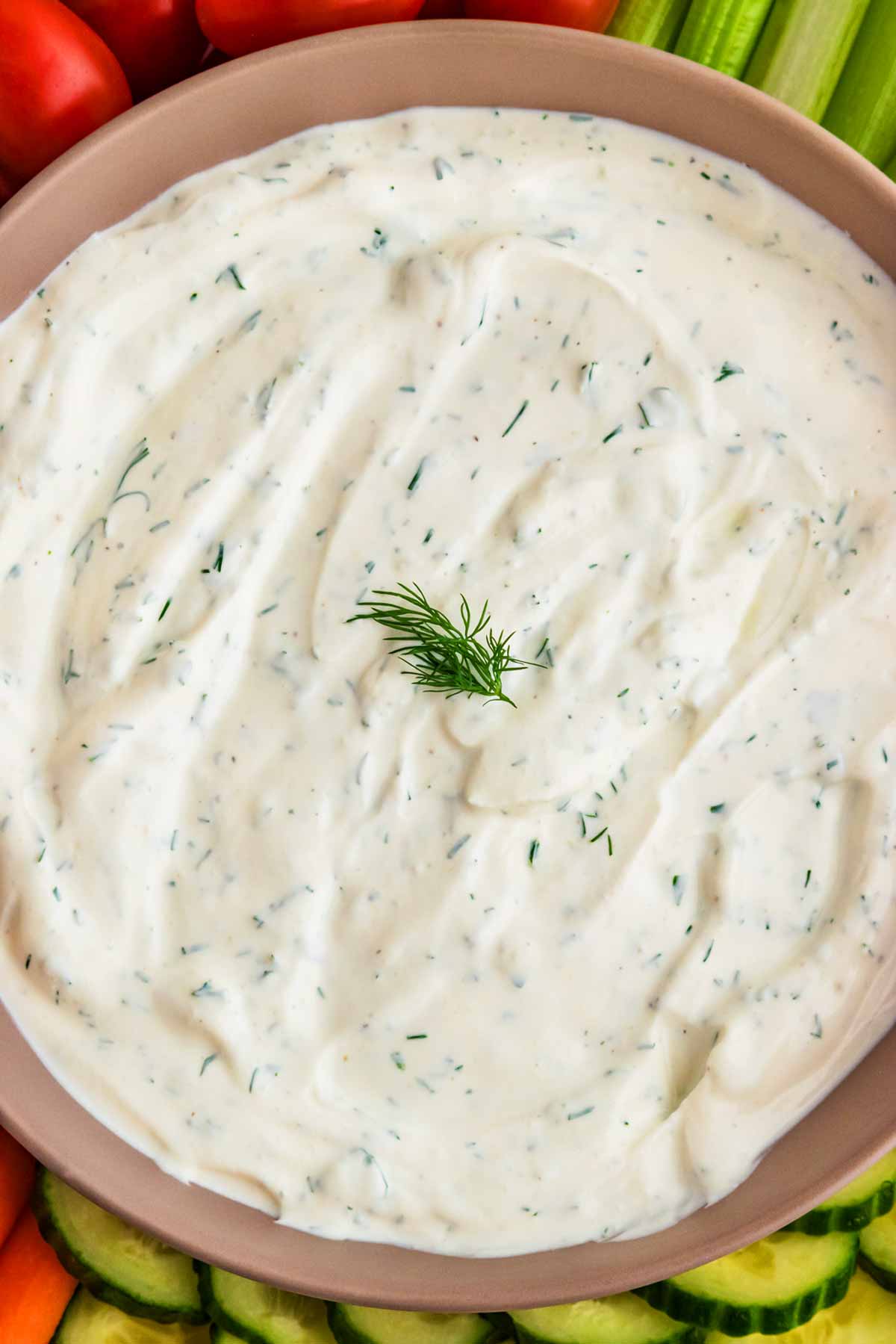 Looking at creamy dill dip close up.