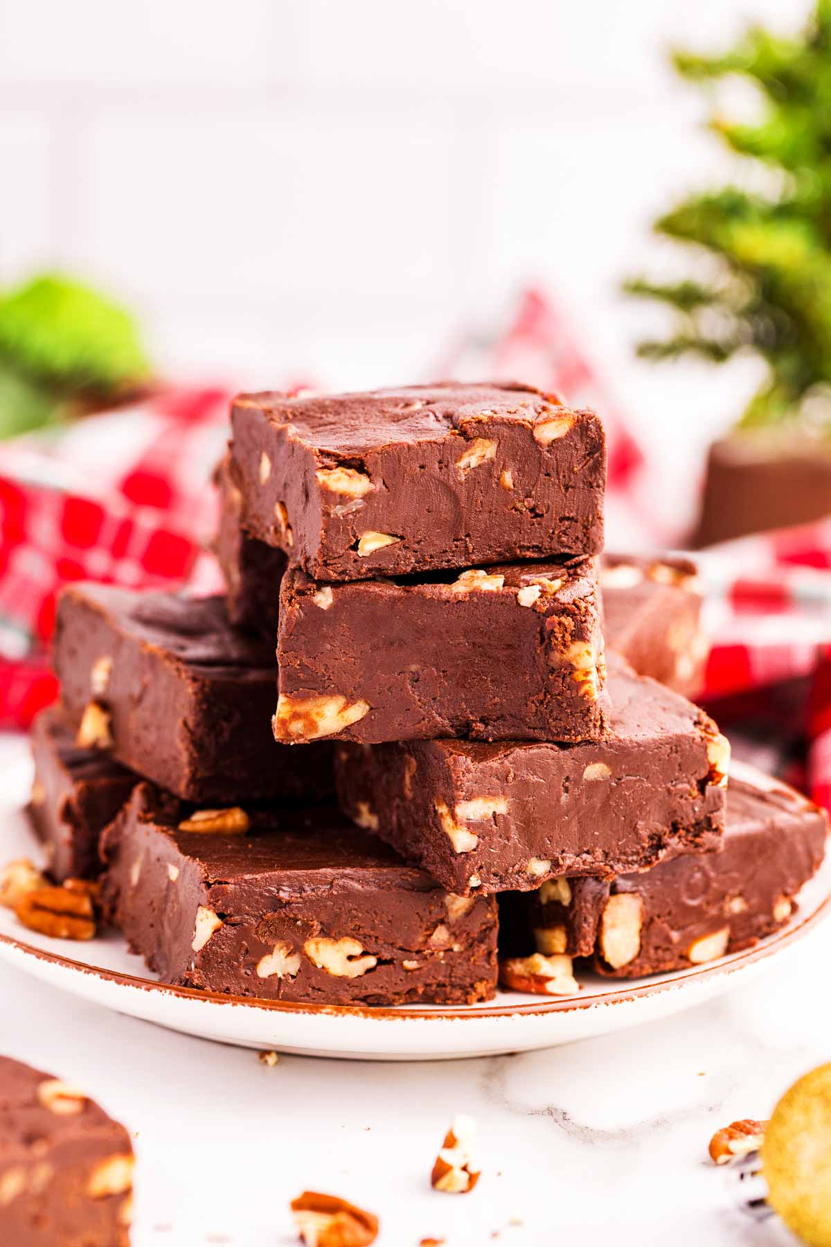 chocolate fudge being served on a plate