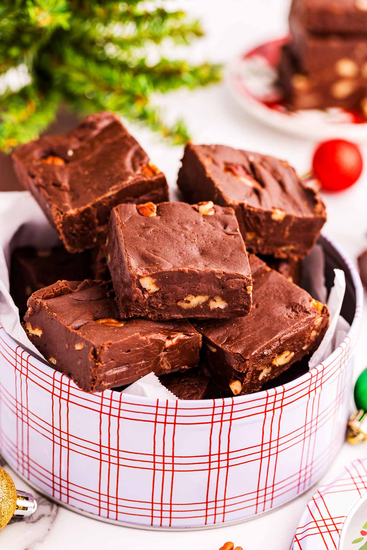 chocolate fudge in a cookie tin
