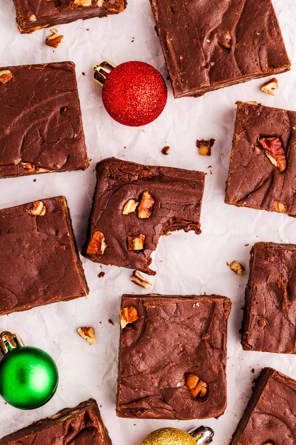 chocolate fudge with christmas decorations