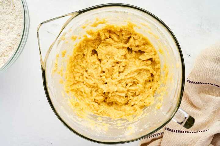 creaming eggs and butter for snickerdoodle cookies
