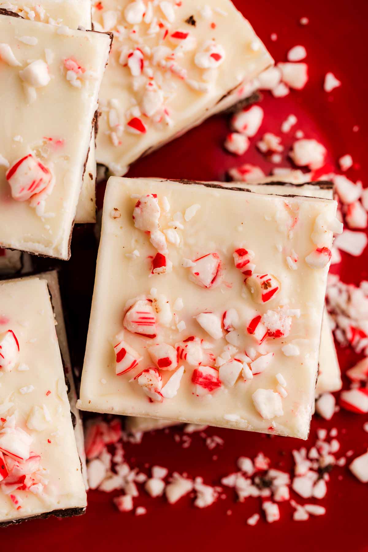 peppermint bark on a red plate