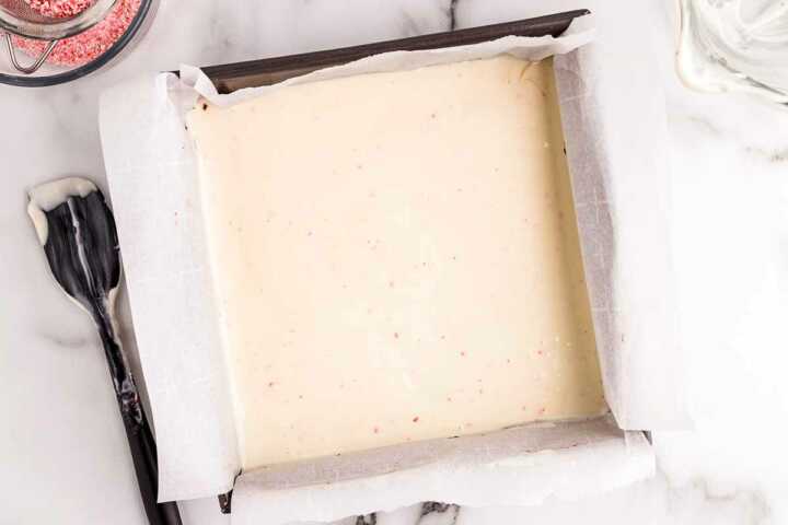 assembling the white chocolate layer for peppermint bark