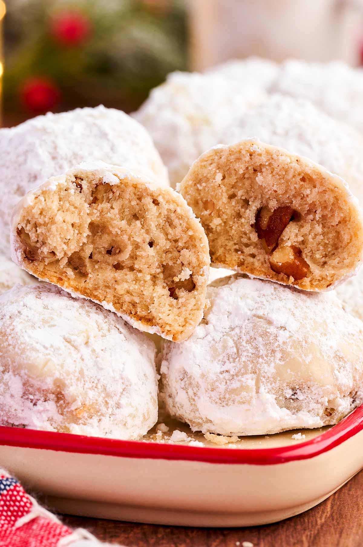 Showing off the inside of a Snowball Cookie.