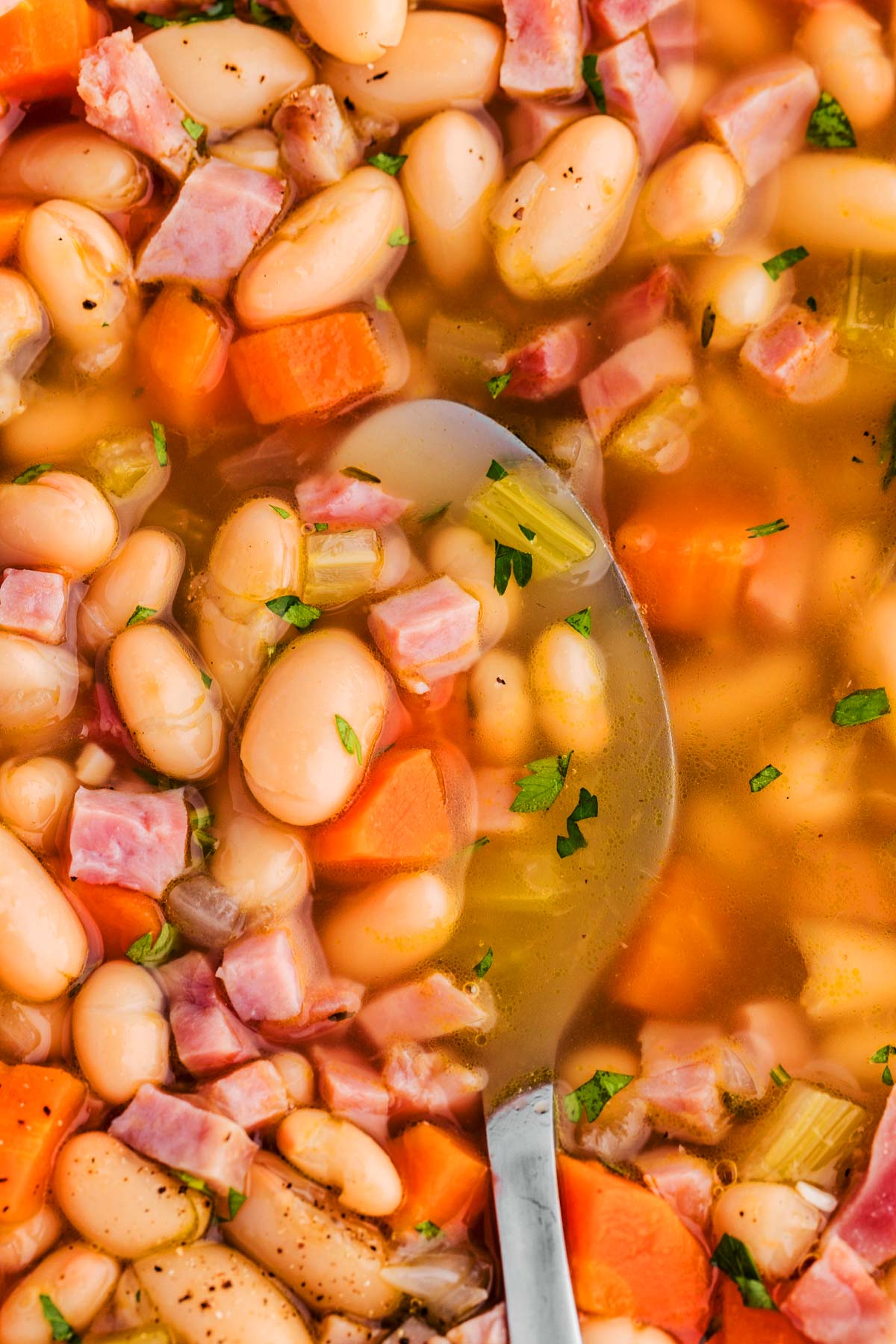 spooning up ham and bean soup