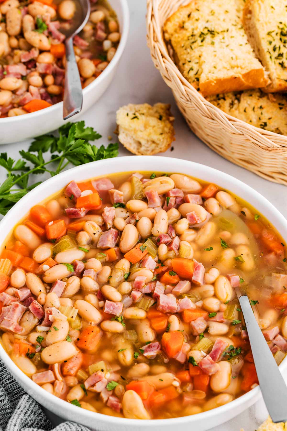 ham and bean soup served with garlic bread