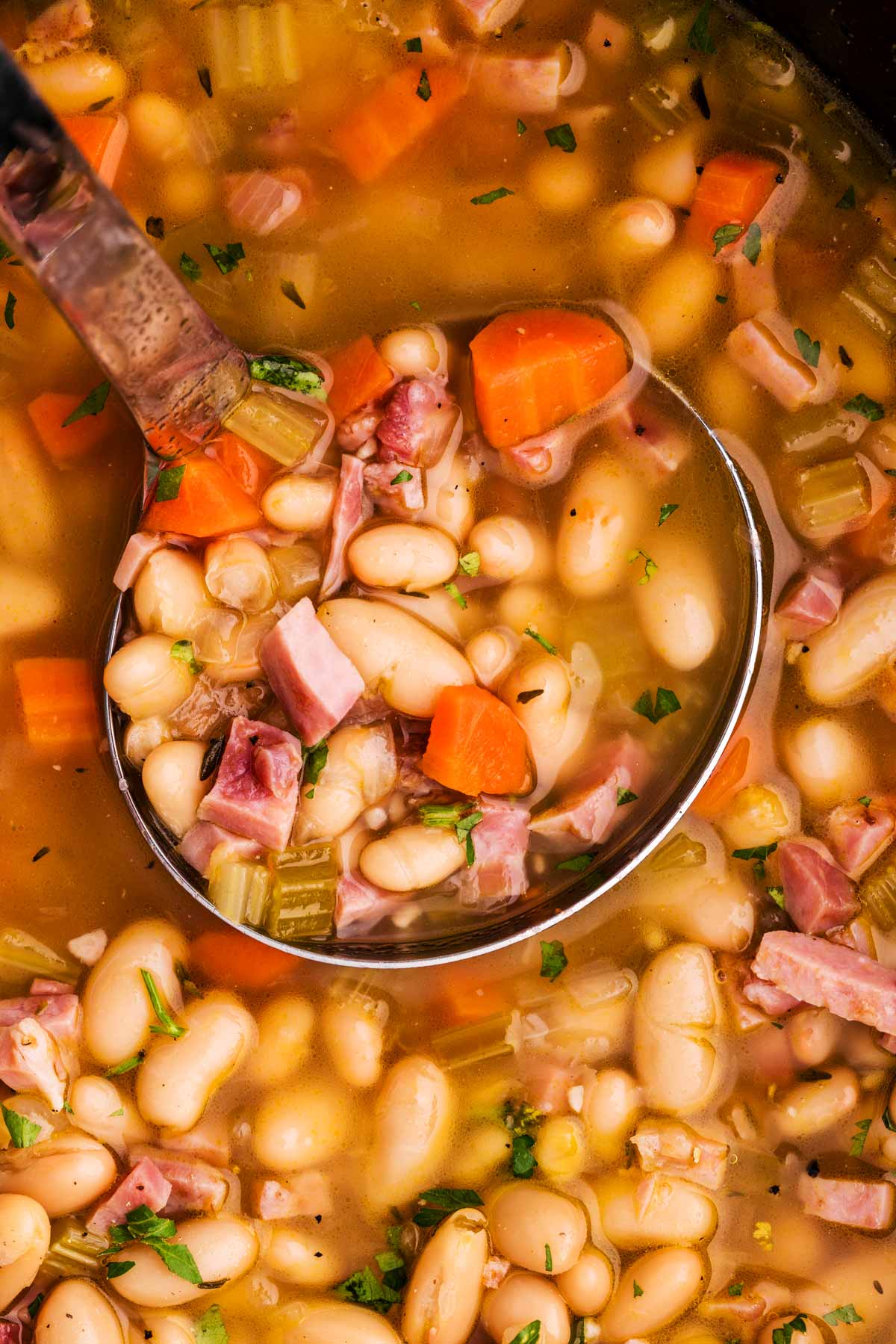 close up of a ladle in ham and bean soup