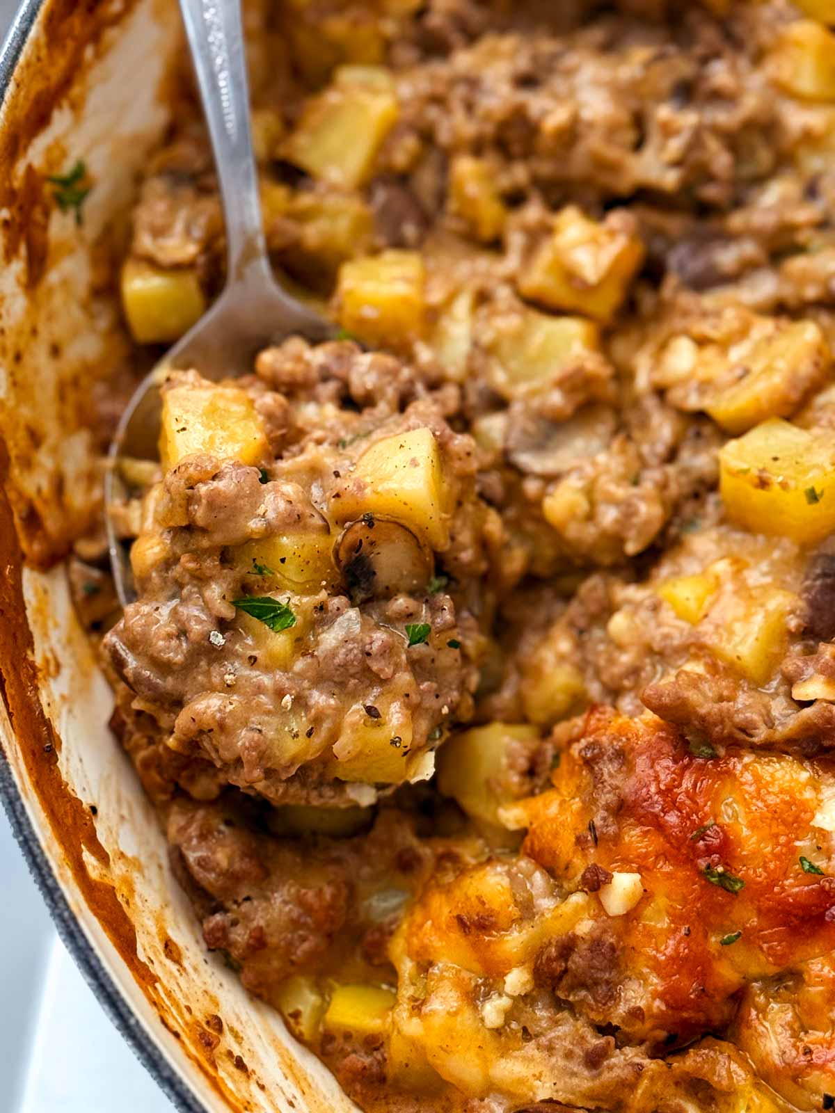 ground beef and potato casserole close up