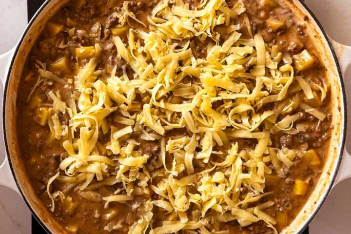 ground beef and potato casserole before baking